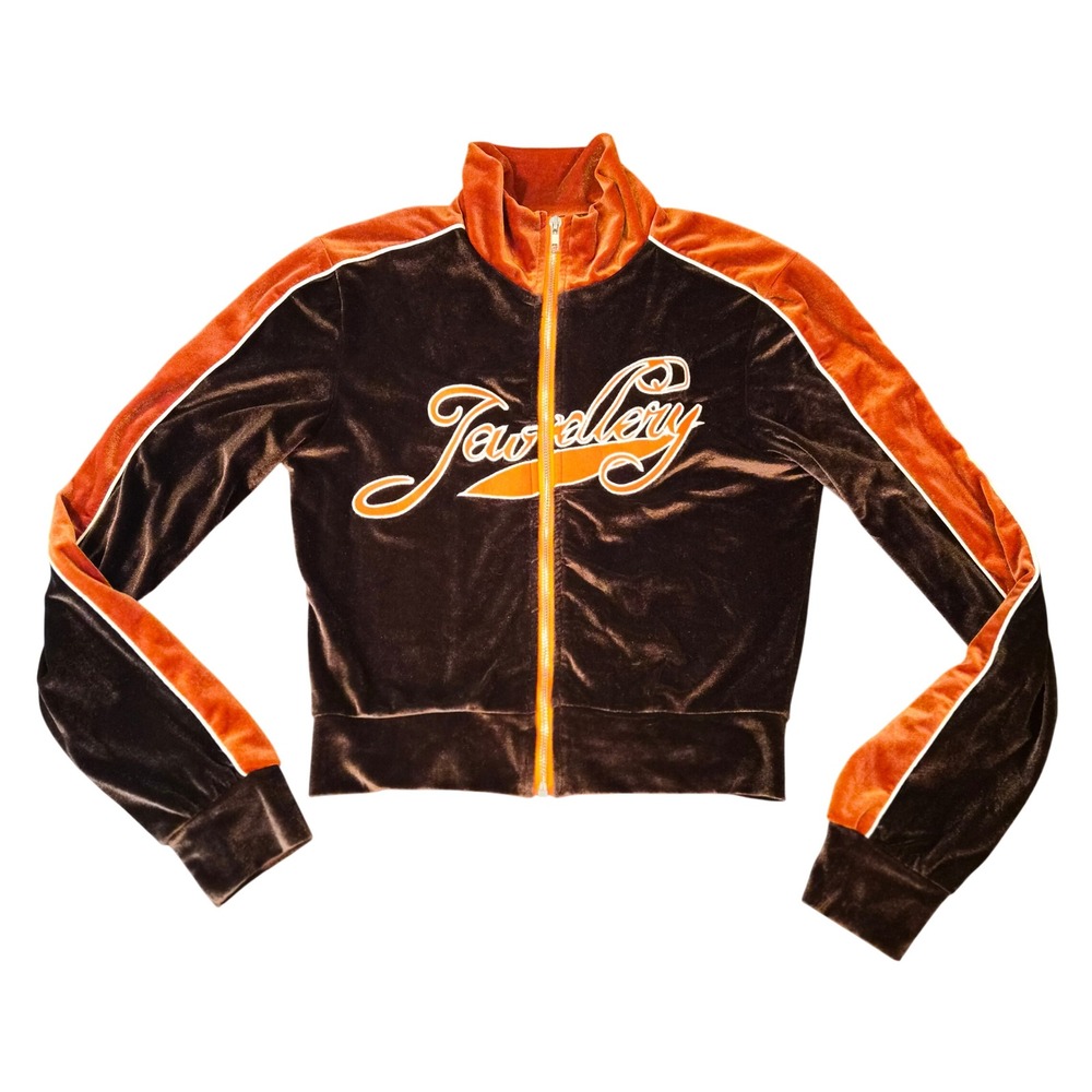 Jewellery Velour Track Jacket Brown Orange Y2K Retro Zip Up Sweatshirt Medium
